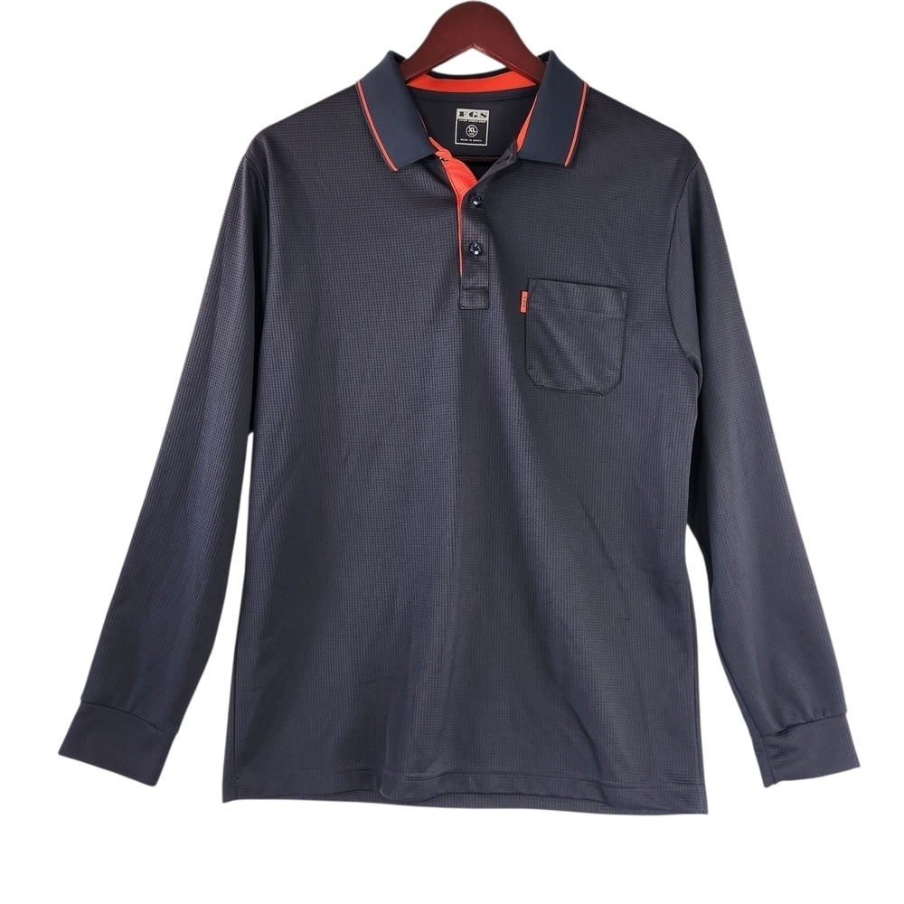 Men's FGS Long Sleeve Navy Polo Golf Shirt with Orange Accents XL